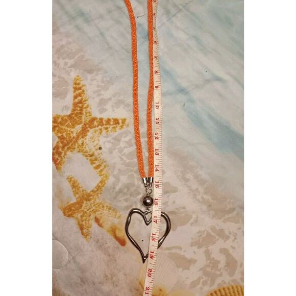 Suzie Blue Long Orange Beaded Necklace With Large Metal Heart (2.5"x3") - Picture 11 of 11